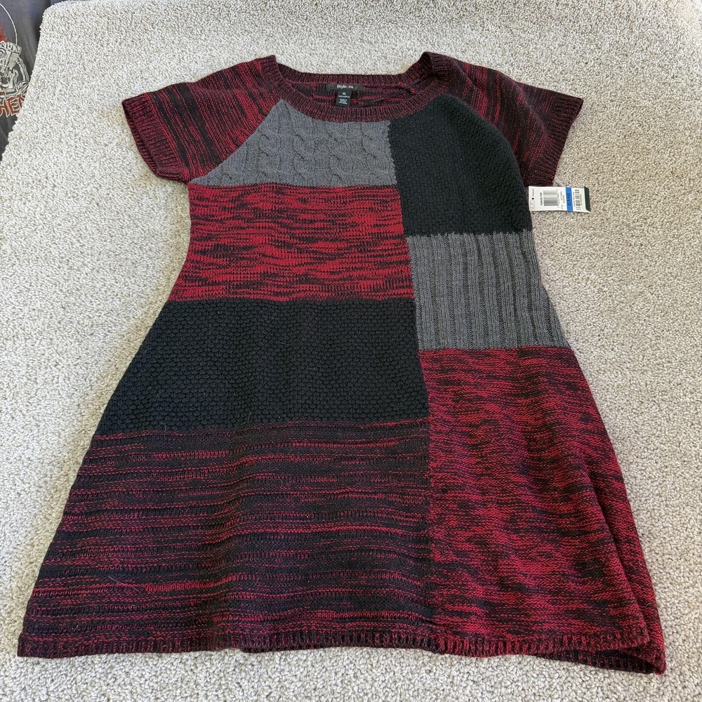 Style&co. Sweater Dress Womens XL Black Red Patchwork Knit Short Sleeve Casual